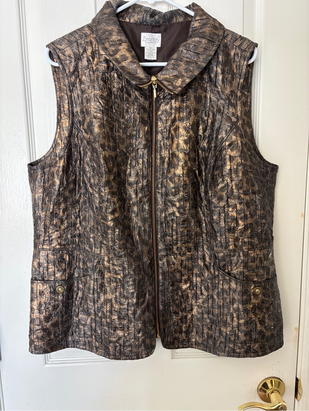 Zenergy by Chico’s Metallic Bronze Quilted Leopard Print Vest - Size 3/Women 16
